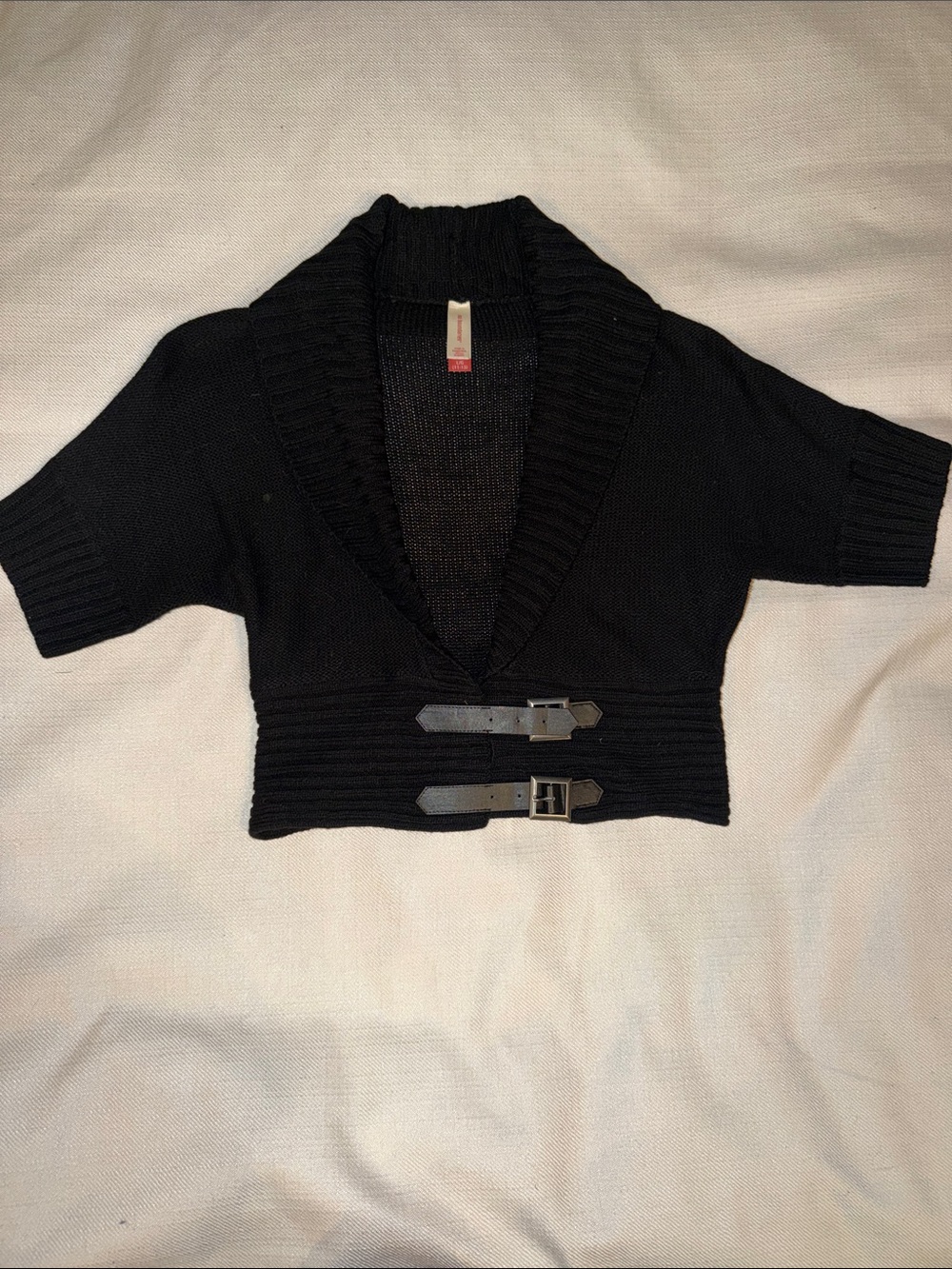 No Boundaries Black Short-Sleeve Shawl Collar Cropped Cardigan with Buckles